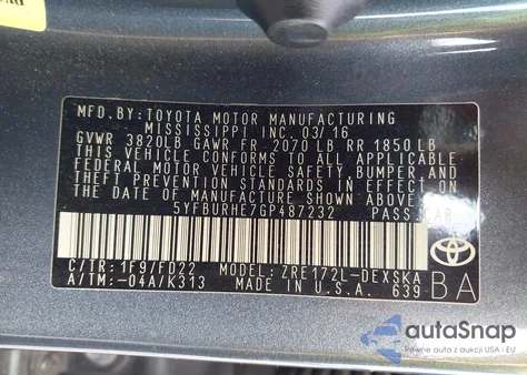 2016 Toyota Corolla S Plus из США, поврежденный, VIN 5YFBURHE7GP487232